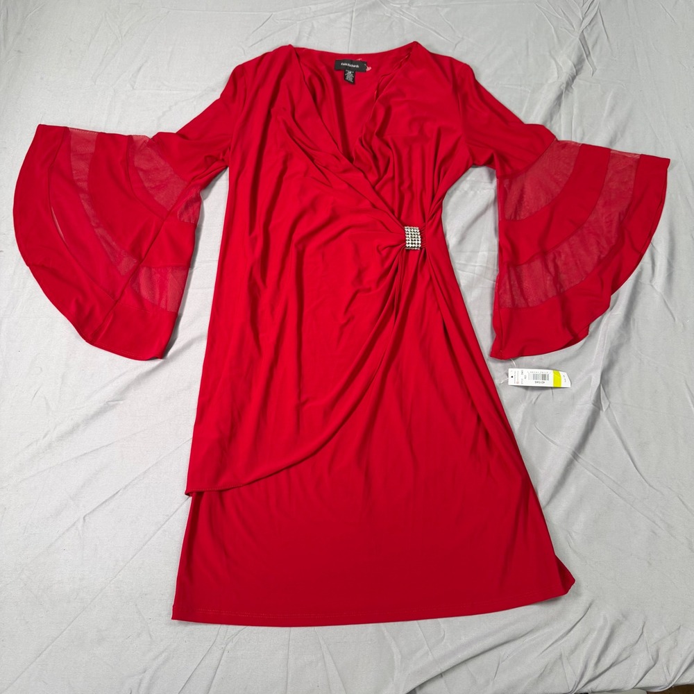 RM Richards Red Faux Wrap Bell Sleeve Mesh Tiered Cocktail Dress 431546 Size 14